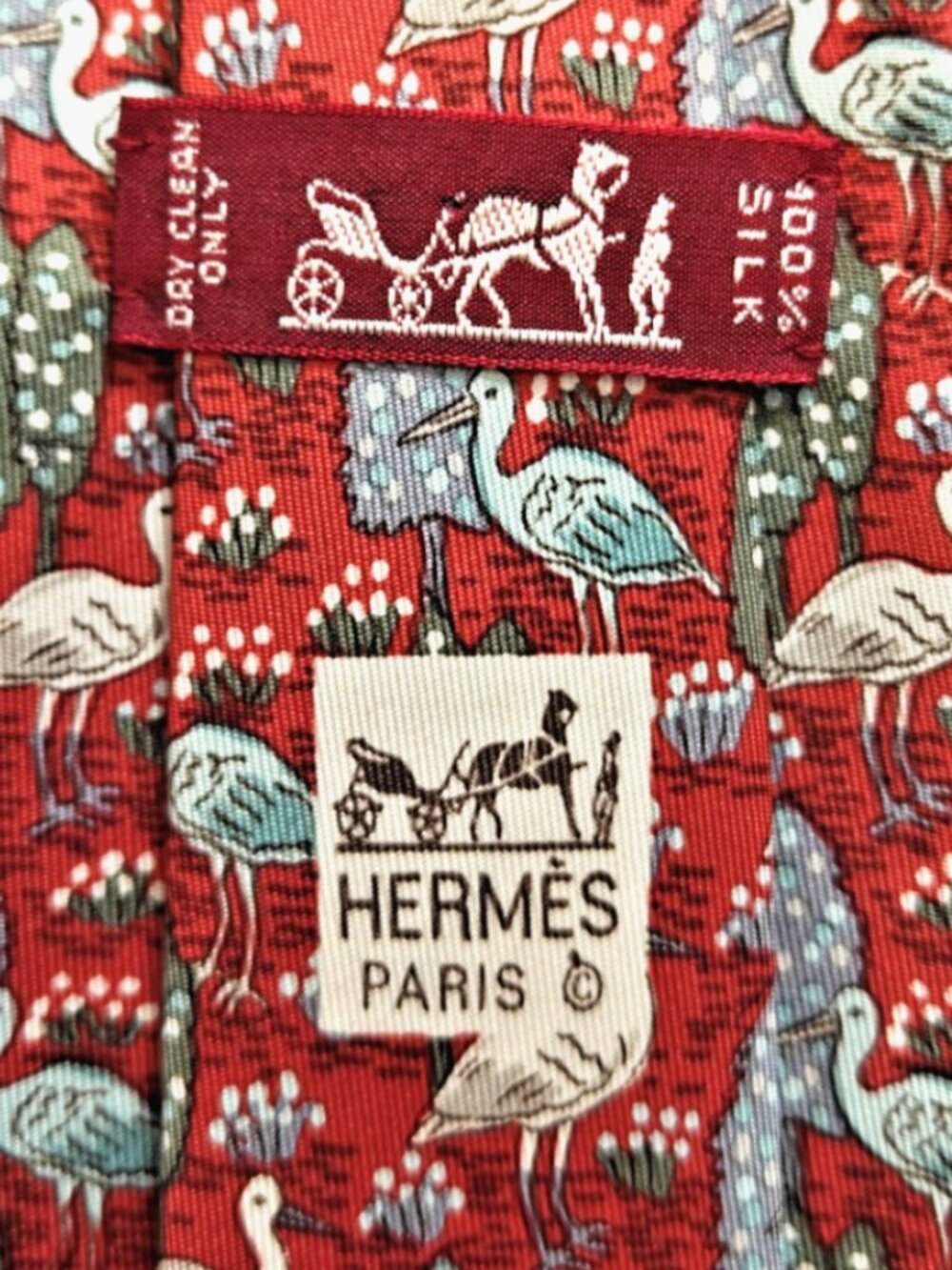 Hermes Men's Tie Silk Red 7631 PA Whimsical Heron Bird Tree/Plants 56.5" x 3.5"